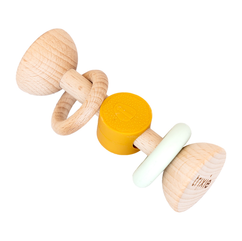 Wooden rattle with silicone rings