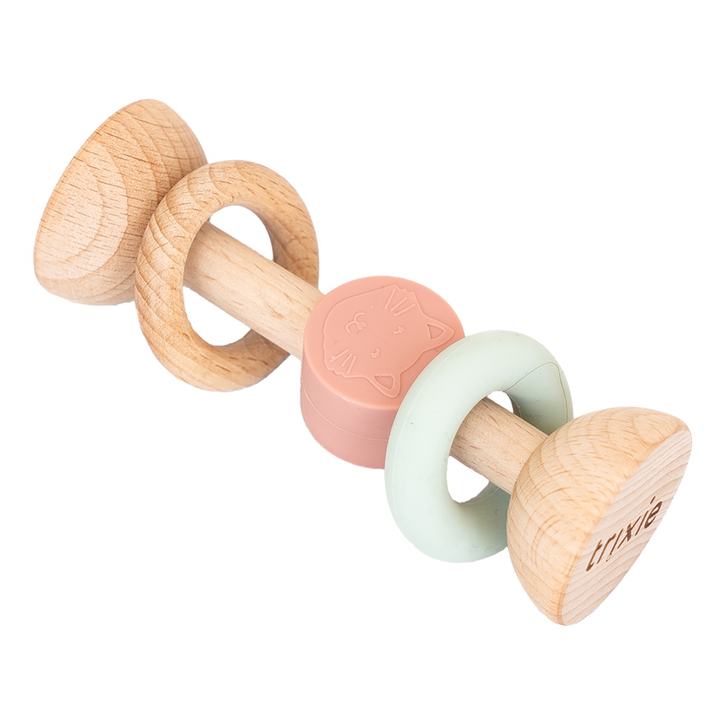 Wooden rattle with silicone rings