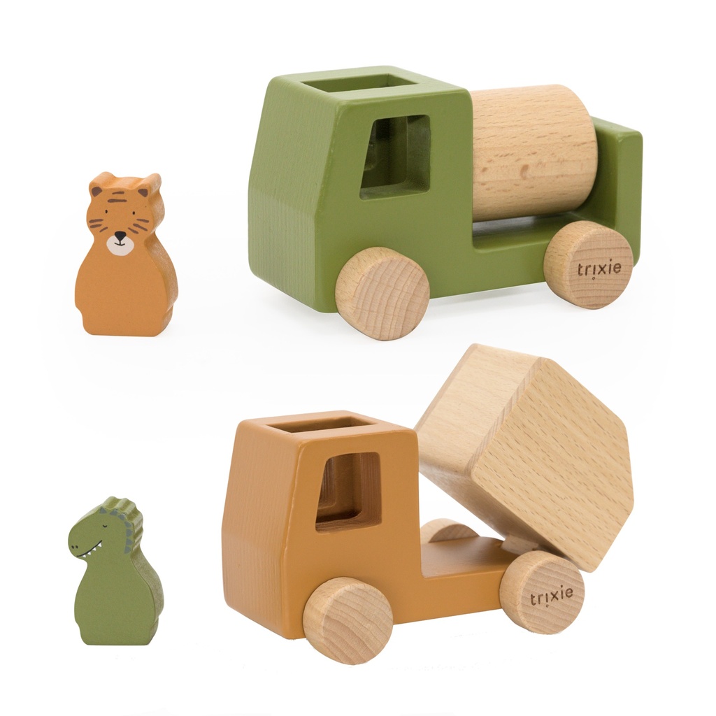 Wooden construction vehicles animals set